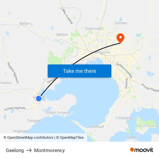 Geelong to Montmorency map