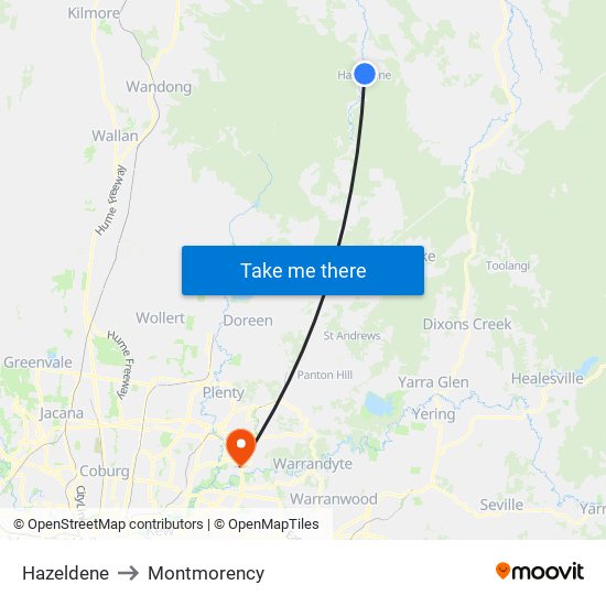 Hazeldene to Montmorency map