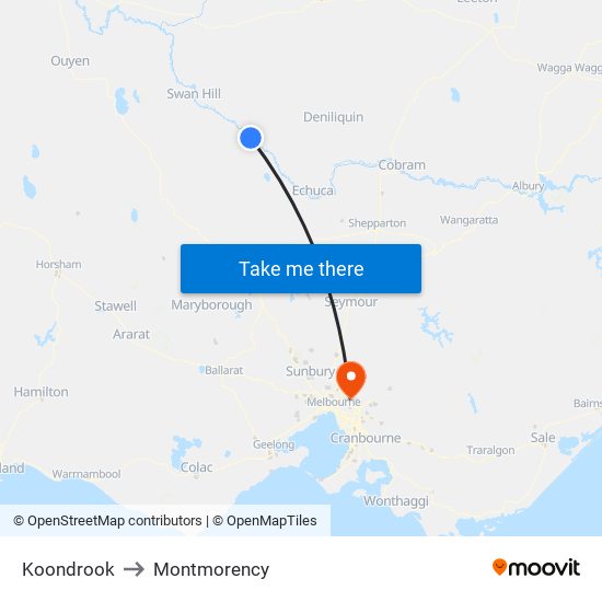 Koondrook to Montmorency map