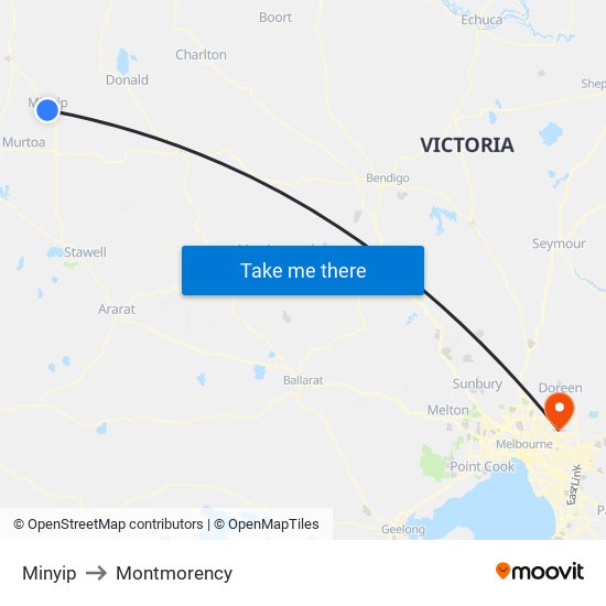 Minyip to Montmorency map
