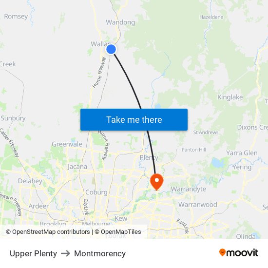 Upper Plenty to Montmorency map