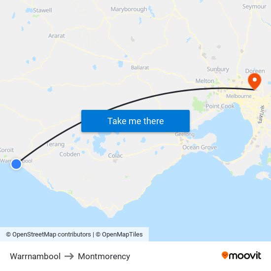 Warrnambool to Montmorency map