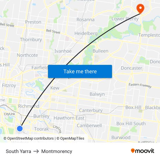 South Yarra to Montmorency map