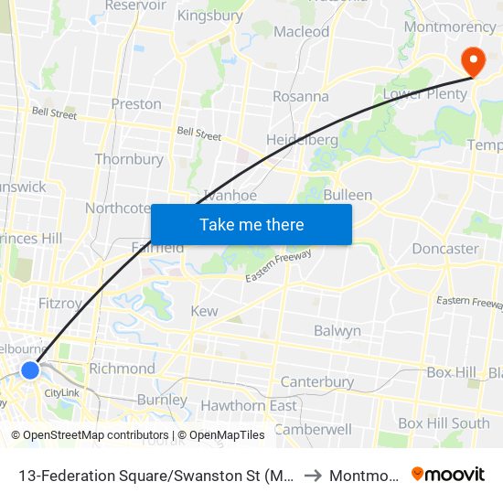 13-Federation Square/Swanston St (Melbourne City) to Montmorency map