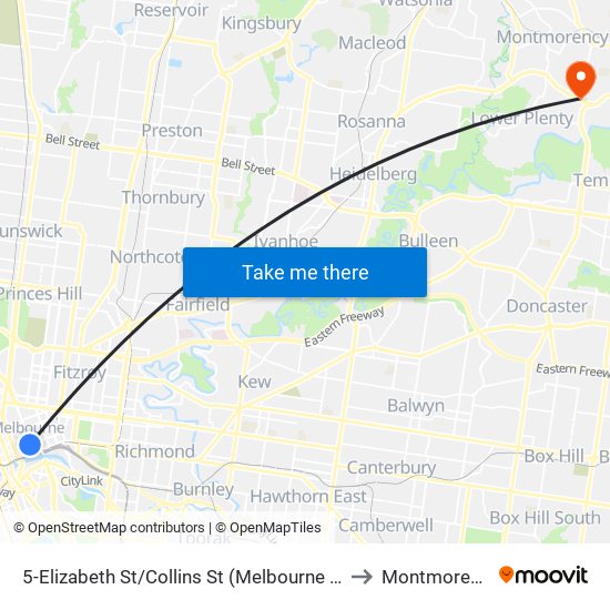 5-Elizabeth St/Collins St (Melbourne City) to Montmorency map