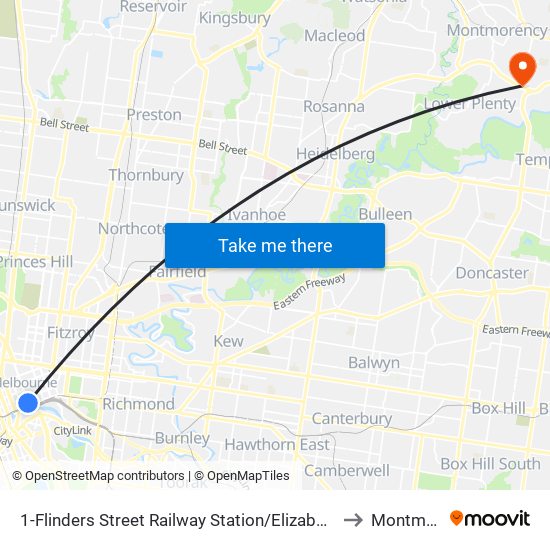 1-Flinders Street Railway Station/Elizabeth St (Melbourne City) to Montmorency map