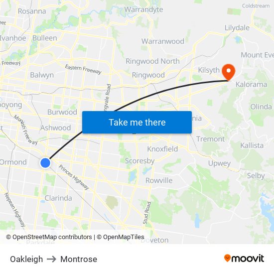 Oakleigh to Montrose map