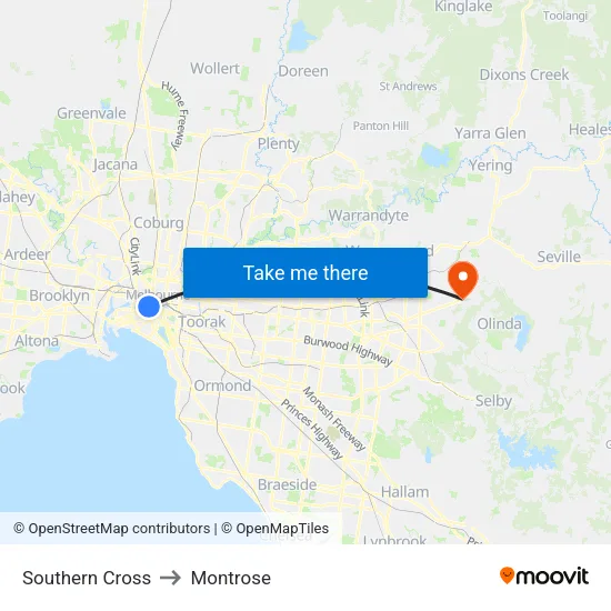 Southern Cross to Montrose map