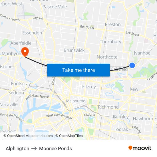 Alphington to Moonee Ponds map