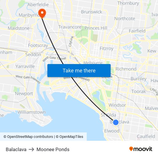 Balaclava to Moonee Ponds map