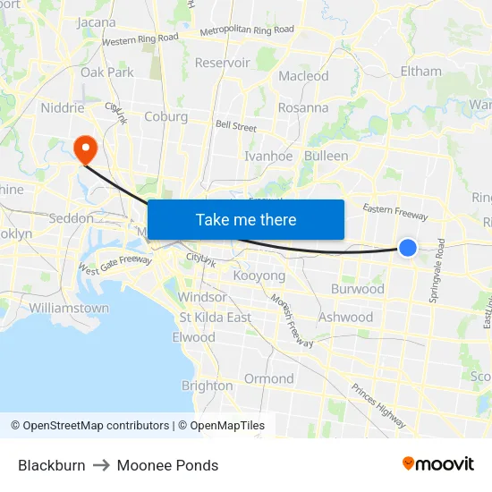 Blackburn to Moonee Ponds map