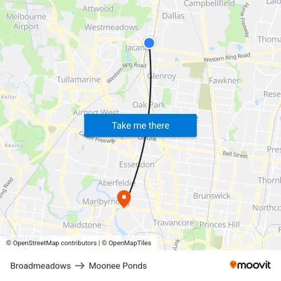 Broadmeadows to Moonee Ponds map