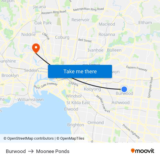 Burwood to Moonee Ponds map