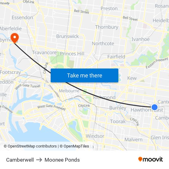 Camberwell to Moonee Ponds map