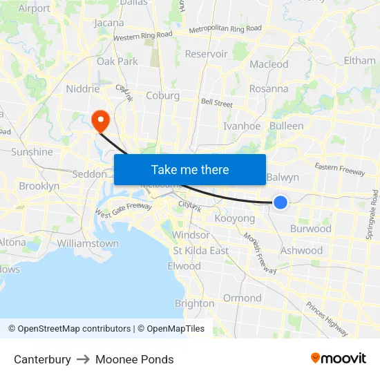 Canterbury to Moonee Ponds map