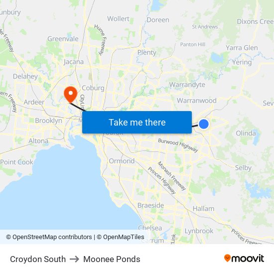 Croydon South to Moonee Ponds map