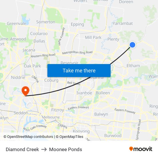 Diamond Creek to Moonee Ponds map