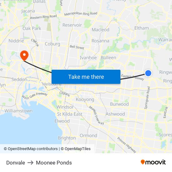 Donvale to Moonee Ponds map