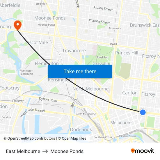 East Melbourne to Moonee Ponds map