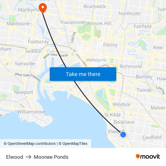 Elwood to Moonee Ponds map