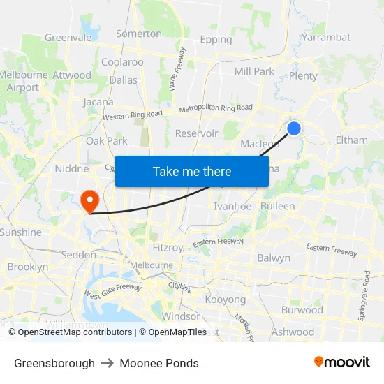 Greensborough to Moonee Ponds map