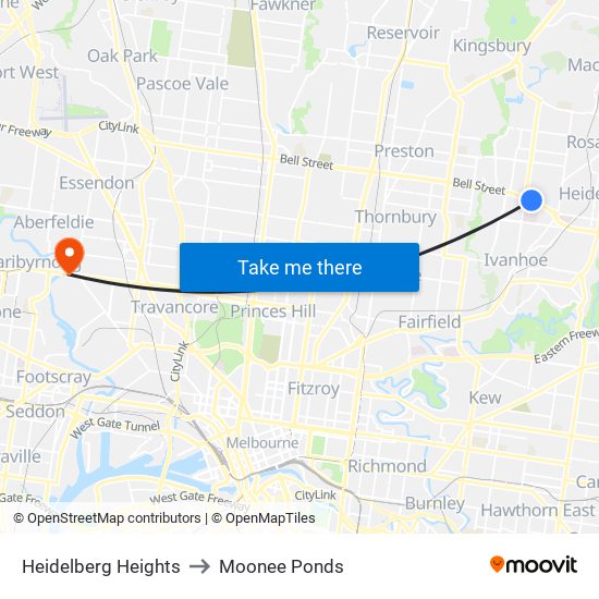 Heidelberg Heights to Moonee Ponds map