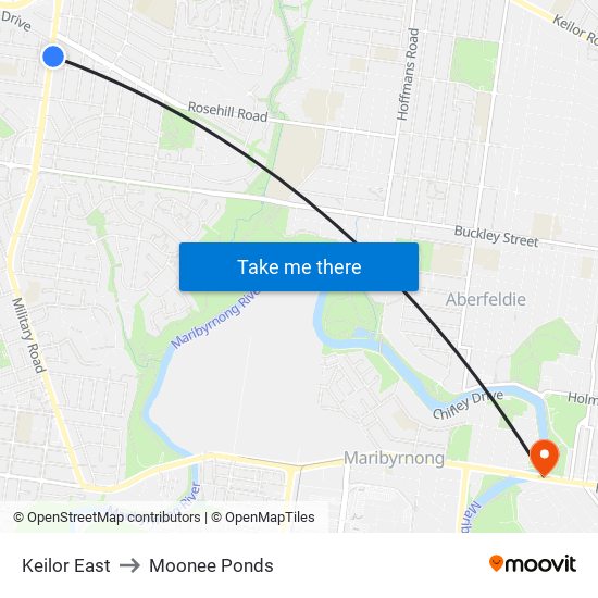 Keilor East to Moonee Ponds map