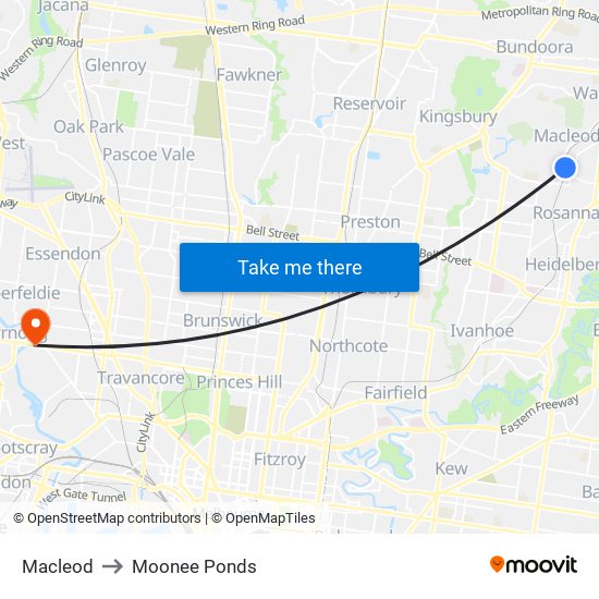 Macleod to Moonee Ponds map