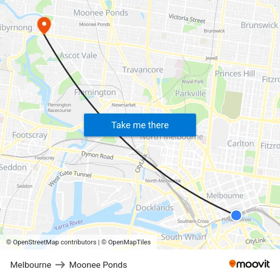Melbourne to Moonee Ponds map