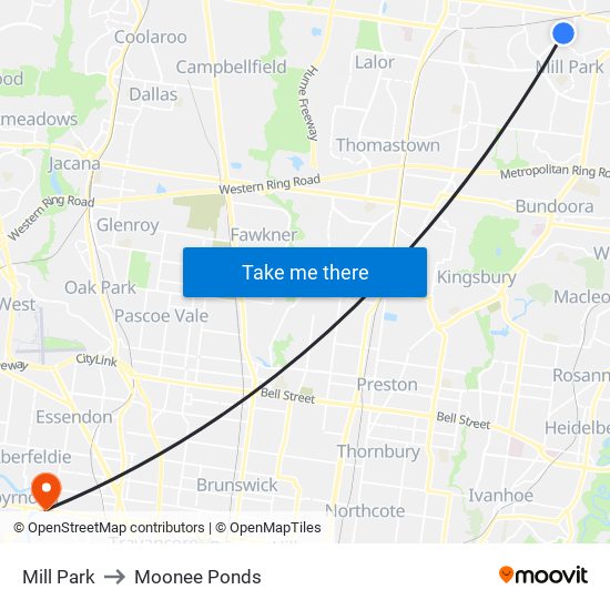 Mill Park to Moonee Ponds map