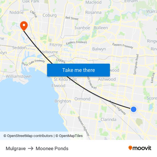 Mulgrave to Moonee Ponds map