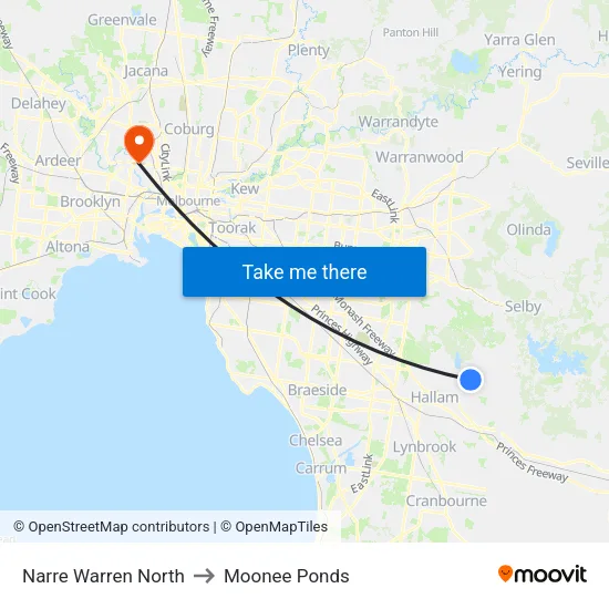 Narre Warren North to Moonee Ponds map