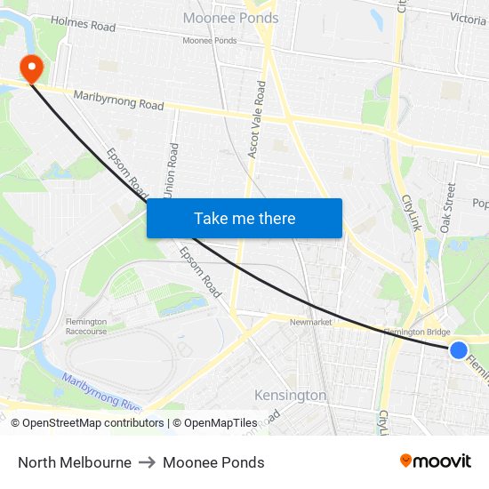 North Melbourne to Moonee Ponds map