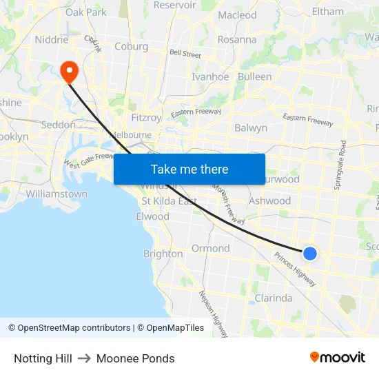 Notting Hill to Moonee Ponds map