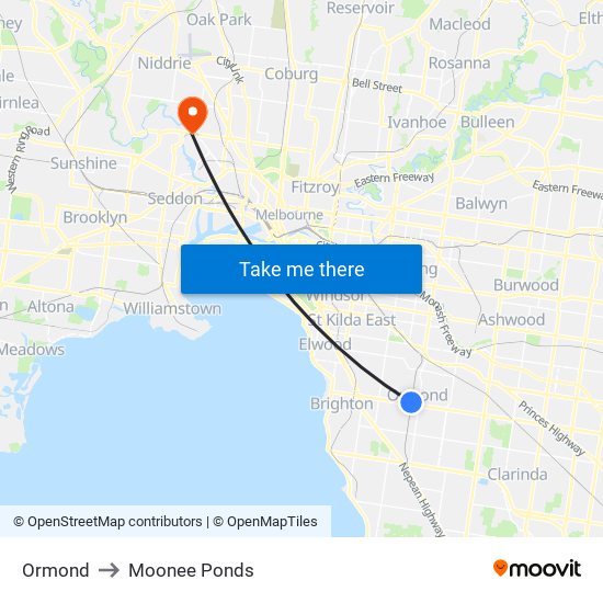 Ormond to Moonee Ponds map