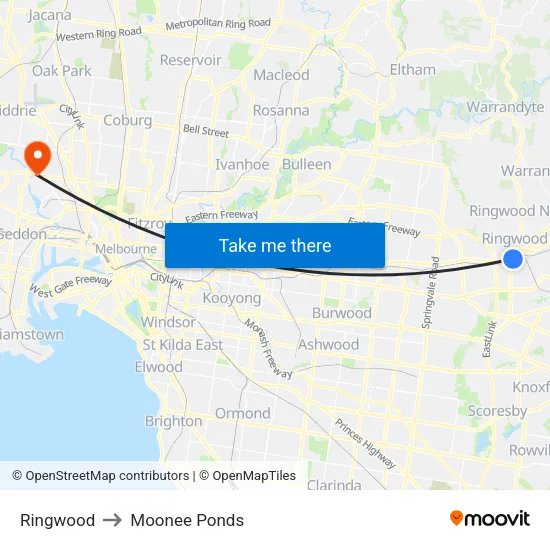 Ringwood to Moonee Ponds map