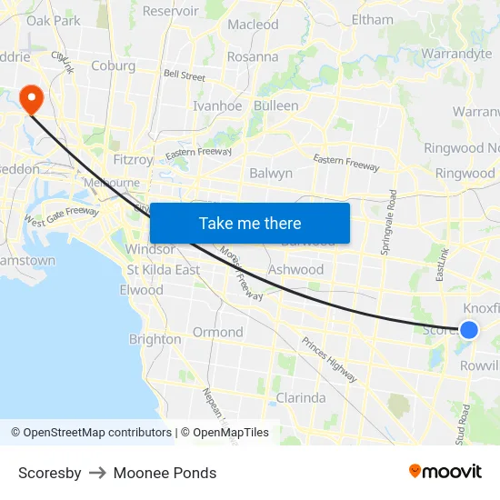 Scoresby to Moonee Ponds map