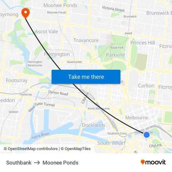 Southbank to Moonee Ponds map