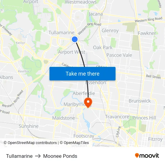 Tullamarine to Moonee Ponds map