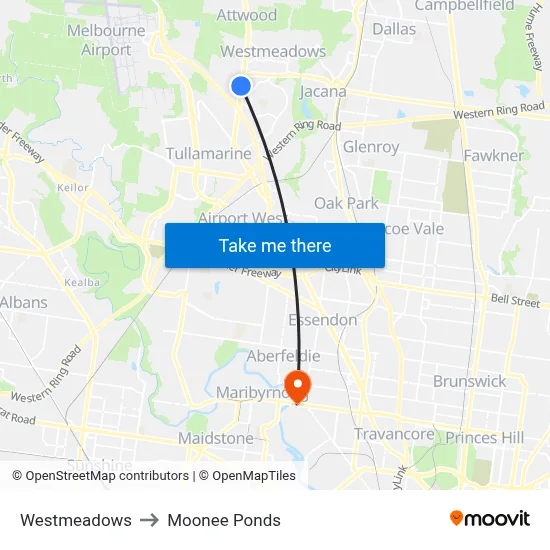 Westmeadows to Moonee Ponds map