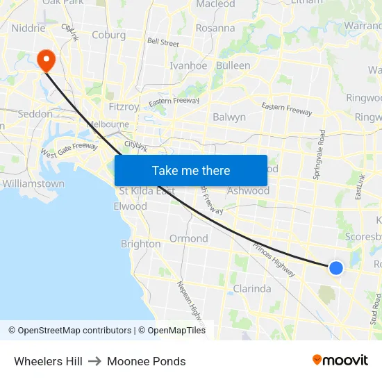 Wheelers Hill to Moonee Ponds map