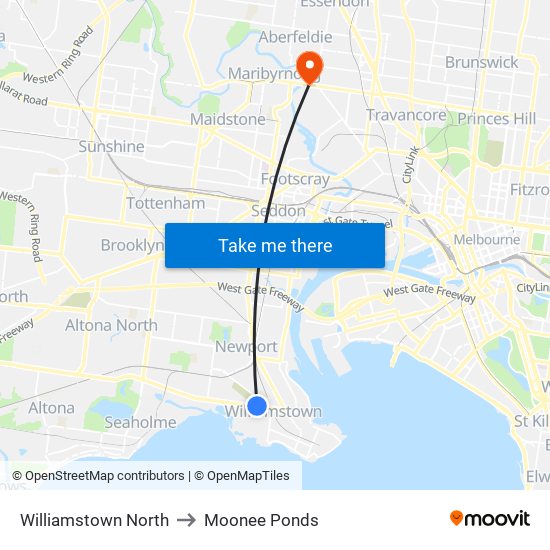 Williamstown North to Moonee Ponds map