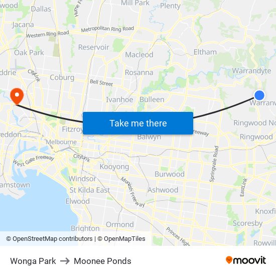 Wonga Park to Moonee Ponds map