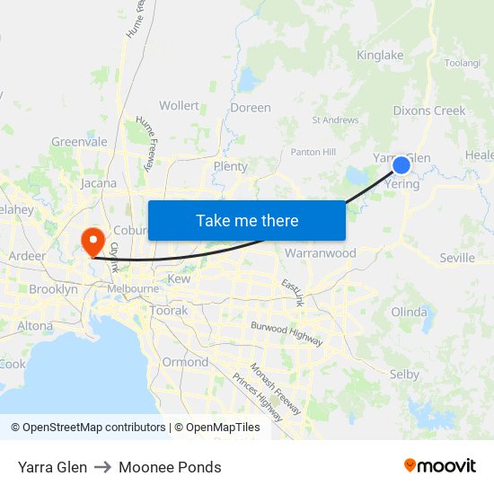 Yarra Glen to Moonee Ponds map