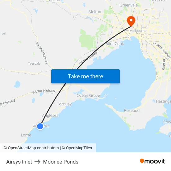Aireys Inlet to Moonee Ponds map