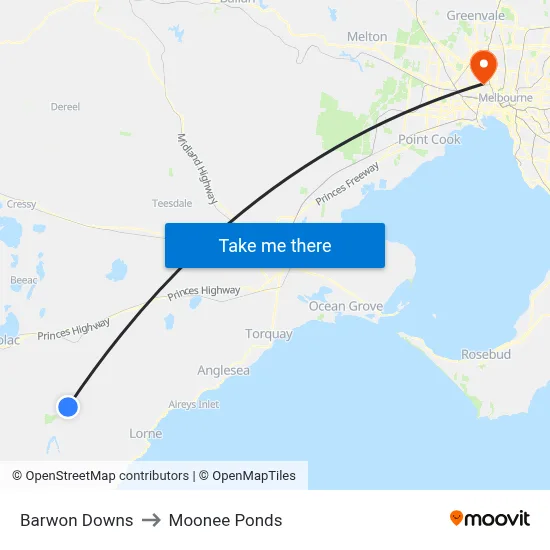 Barwon Downs to Moonee Ponds map