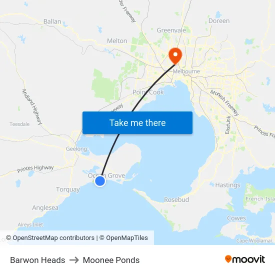 Barwon Heads to Moonee Ponds map