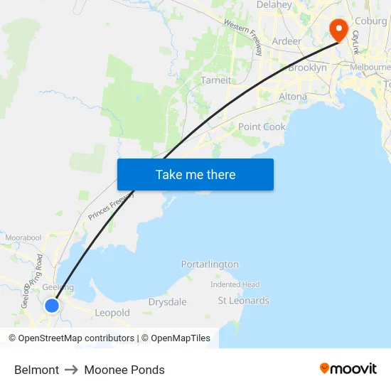 Belmont to Moonee Ponds map
