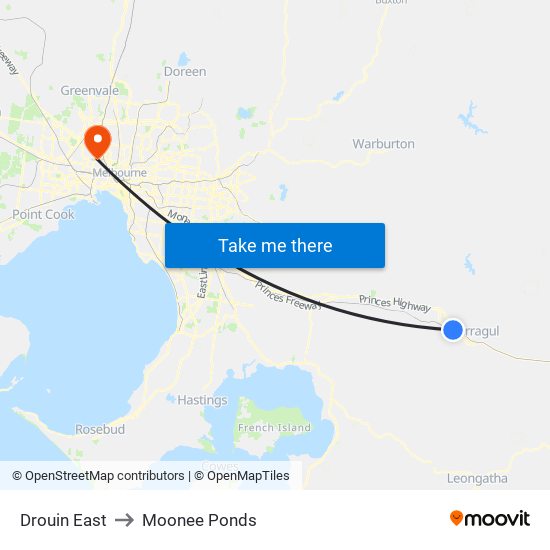 Drouin East to Moonee Ponds map