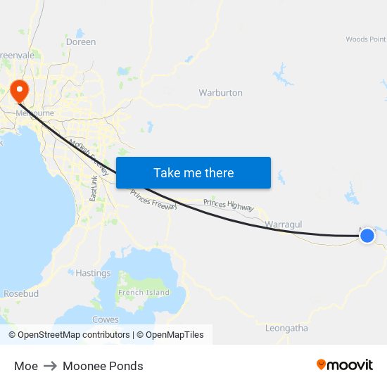 Moe to Moonee Ponds map